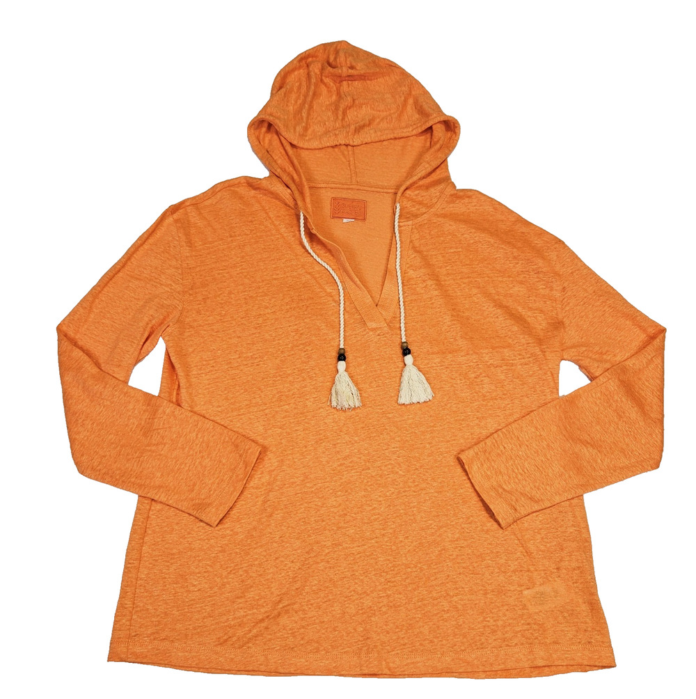Sigrid Olsen Linen Hoodie Womens L Salmon Tassel Beaded Lightweight V-Neck Top